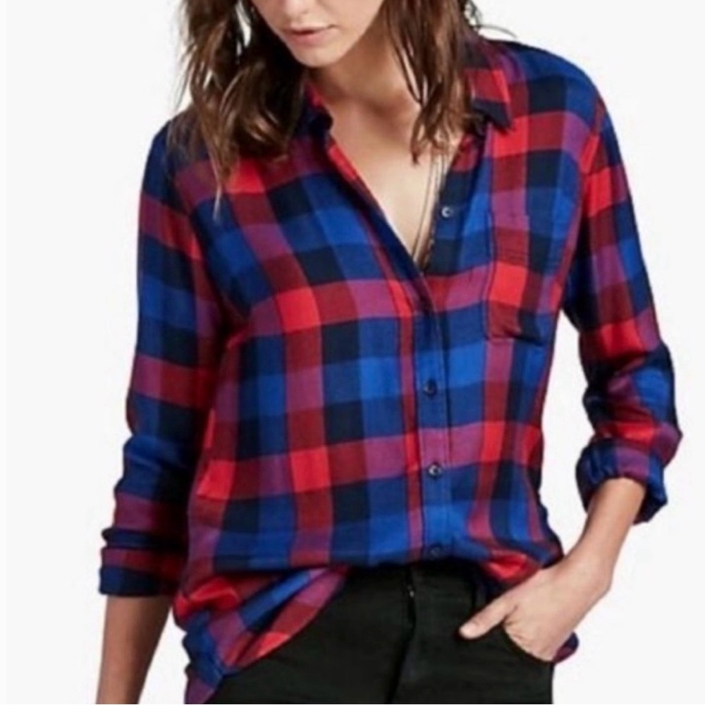 Lucky Brand Plaid Split Button Back Long Sleeve Shirt Red Blue Size Medium